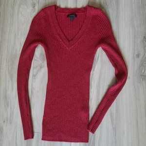 Express Red Sparkle Stretchy V-neck Sweater